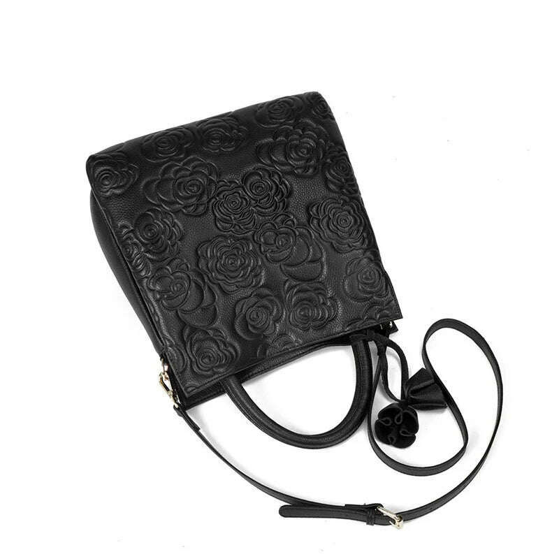 Genuine leather women's bag embossed hand carry bag, large capacity bucket bag, top layer cowhide one-shoulder cross-body bag - KIMLUD