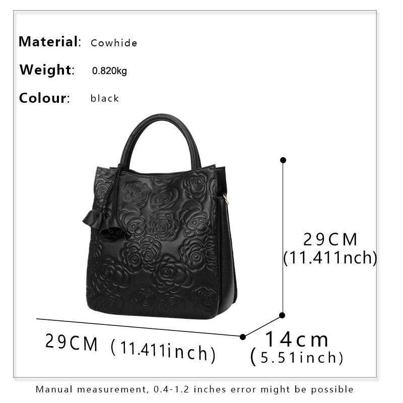 Genuine leather women's bag embossed hand carry bag, large capacity bucket bag, top layer cowhide one-shoulder cross-body bag - KIMLUD
