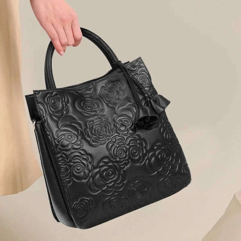 Genuine leather women's bag embossed hand carry bag, large capacity bucket bag, top layer cowhide one-shoulder cross-body bag - KIMLUD