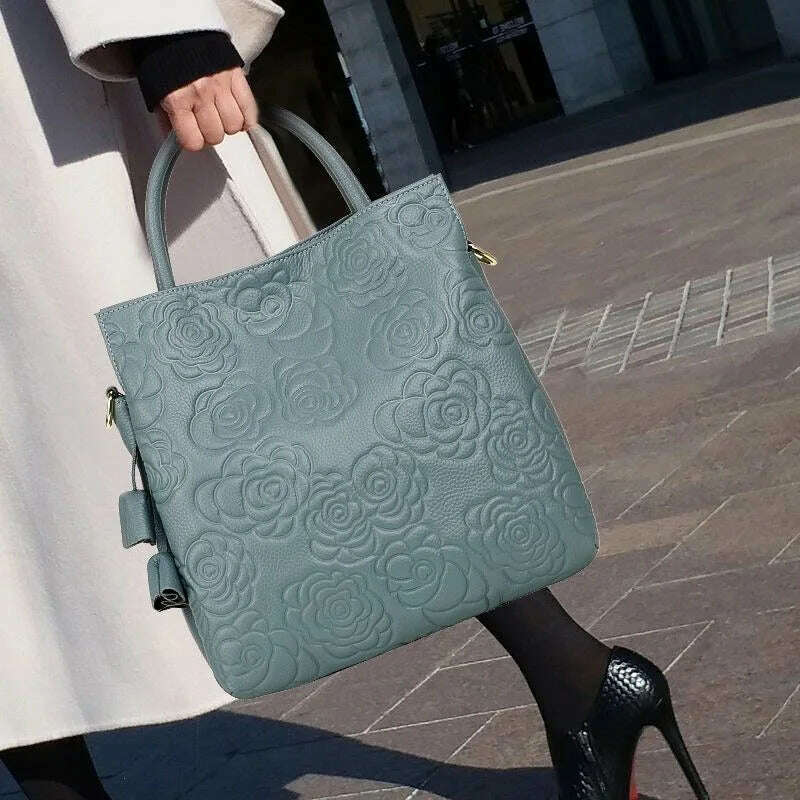 Genuine leather women's bag embossed hand carry bag, large capacity bucket bag, top layer cowhide one-shoulder cross-body bag - KIMLUD