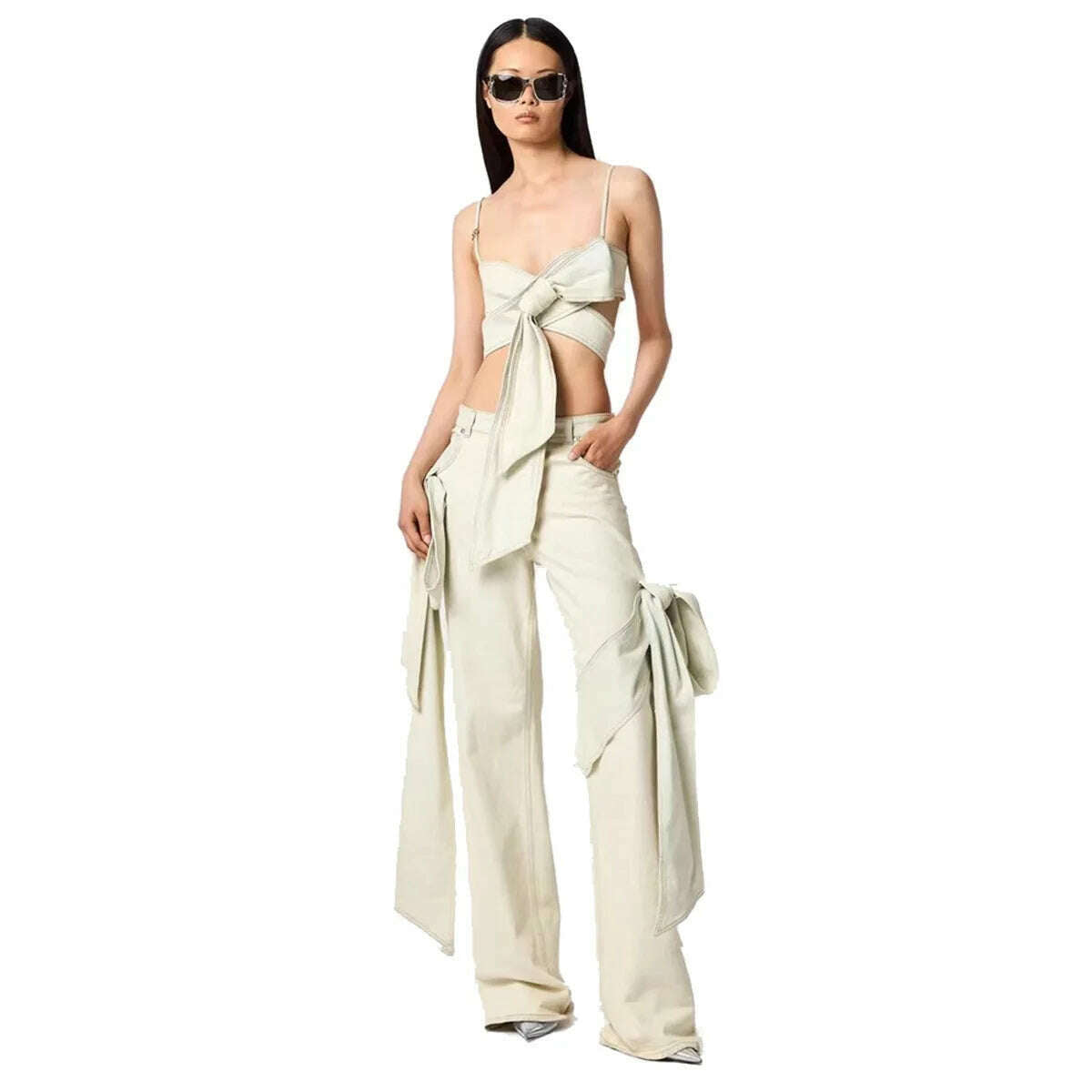 GetSpring Women Denim Pants Sets 2024 Vintage 3D Bow Strapless Backless Sexy Crop Tops Straight Wide Leg Jeans Two Pieces Sets - KIMLUD