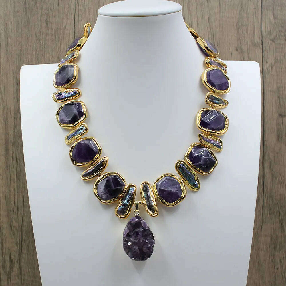 KIMLUD, GG Natural Freshwater Black Biwa Pearl Purple Nugget Amethyst Edge Necklace Gold Color Plated Amethysts Pendant, KIMLUD Womens Clothes