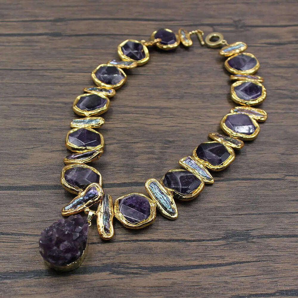 KIMLUD, GG Natural Freshwater Black Biwa Pearl Purple Nugget Amethyst Edge Necklace Gold Color Plated Amethysts Pendant, KIMLUD Womens Clothes