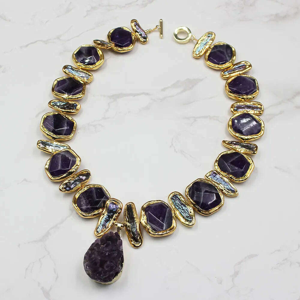 KIMLUD, GG Natural Freshwater Black Biwa Pearl Purple Nugget Amethyst Edge Necklace Gold Color Plated Amethysts Pendant, KIMLUD Womens Clothes