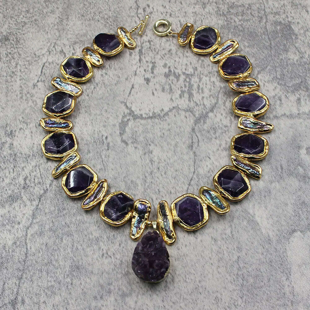KIMLUD, GG Natural Freshwater Black Biwa Pearl Purple Nugget Amethyst Edge Necklace Gold Color Plated Amethysts Pendant, KIMLUD Womens Clothes