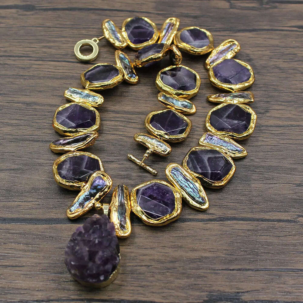 KIMLUD, GG Natural Freshwater Black Biwa Pearl Purple Nugget Amethyst Edge Necklace Gold Color Plated Amethysts Pendant, KIMLUD Womens Clothes