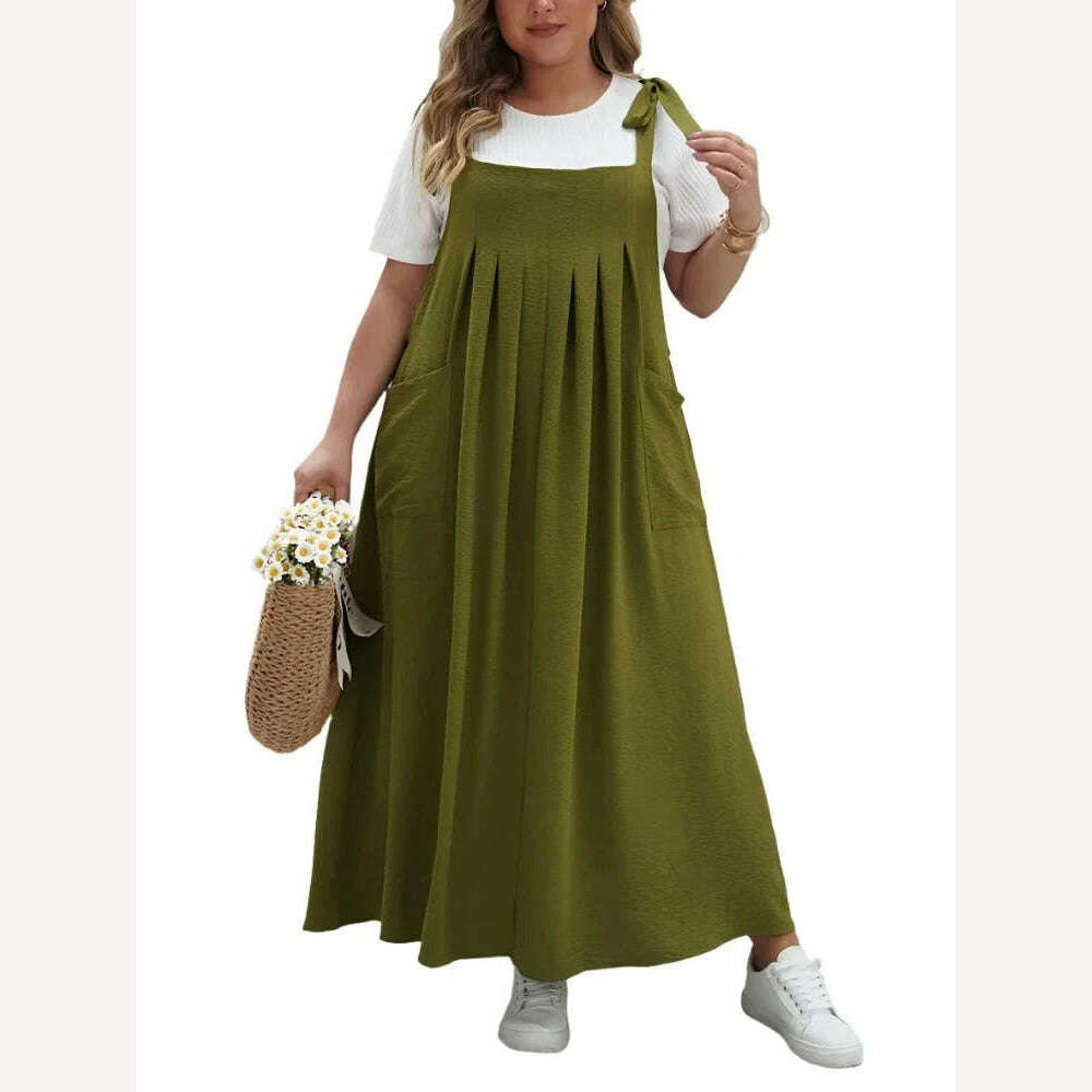 GIBSIE Plus Size Solid Tie Shoulder Overalls Dress For Women 2024 Summ