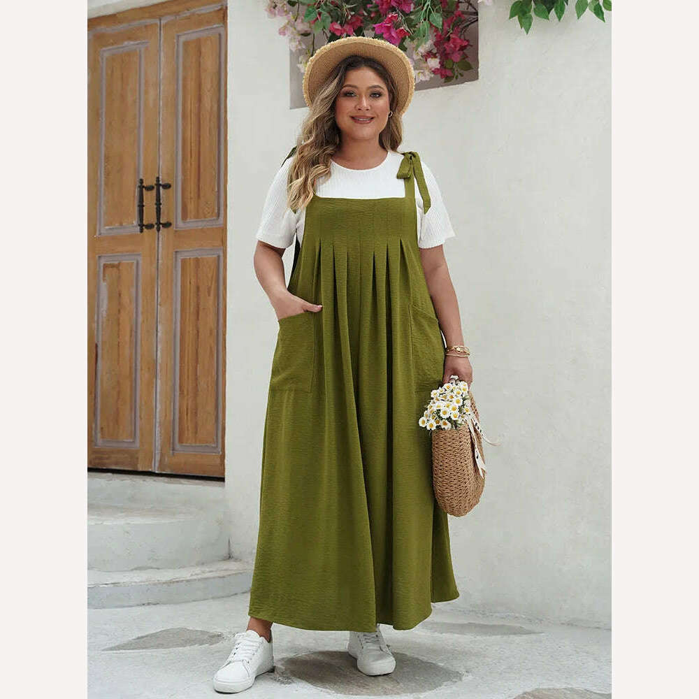 GIBSIE Plus Size Solid Tie Shoulder Overalls Dress For Women 2024 Summer Casual Loose Sleeveless Maxi Long Dresses with Pockets - KIMLUD