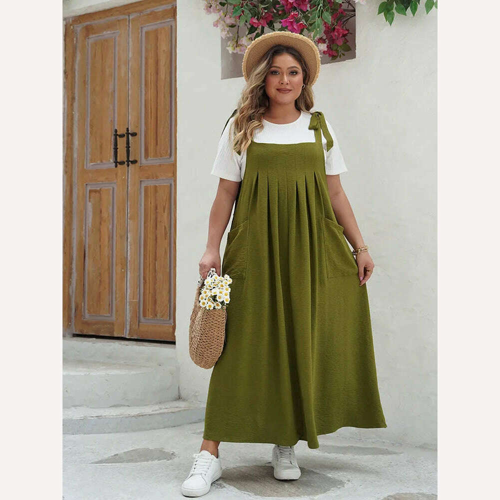 GIBSIE Plus Size Solid Tie Shoulder Overalls Dress For Women 2024 Summer Casual Loose Sleeveless Maxi Long Dresses with Pockets - KIMLUD