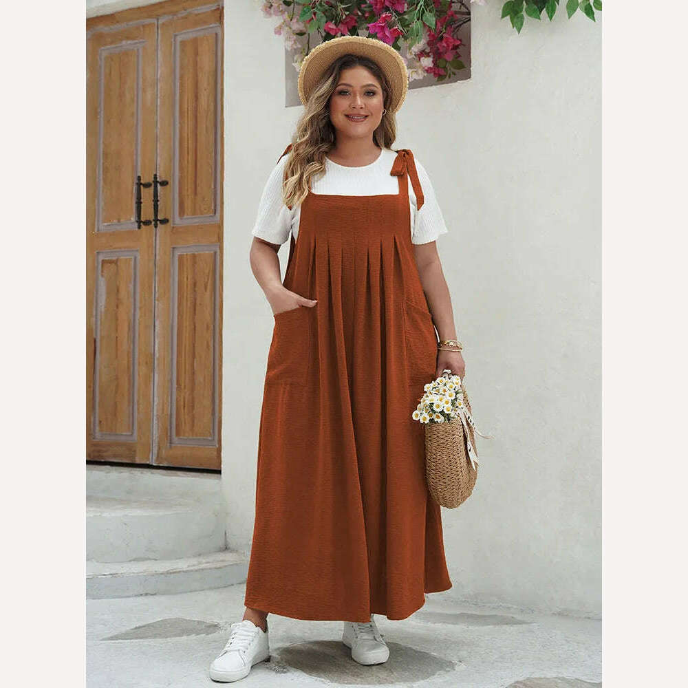 GIBSIE Plus Size Solid Tie Shoulder Overalls Dress For Women 2024 Summer Casual Loose Sleeveless Maxi Long Dresses with Pockets - KIMLUD