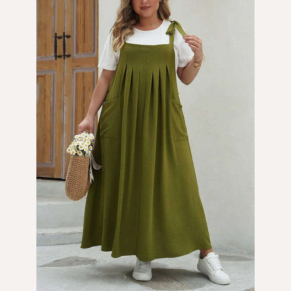 GIBSIE Plus Size Solid Tie Shoulder Overalls Dress For Women 2024 Summer Casual Loose Sleeveless Maxi Long Dresses with Pockets - KIMLUD