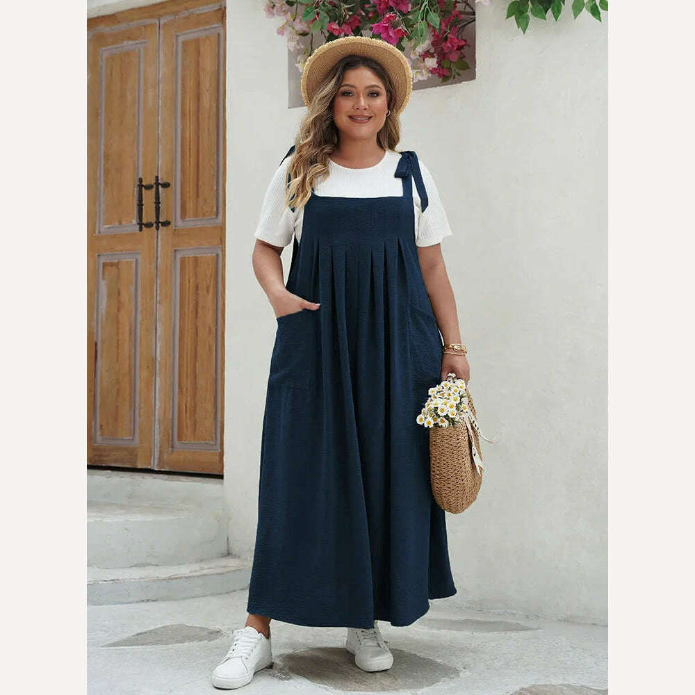 GIBSIE Plus Size Solid Tie Shoulder Overalls Dress For Women 2024 Summer Casual Loose Sleeveless Maxi Long Dresses with Pockets - KIMLUD