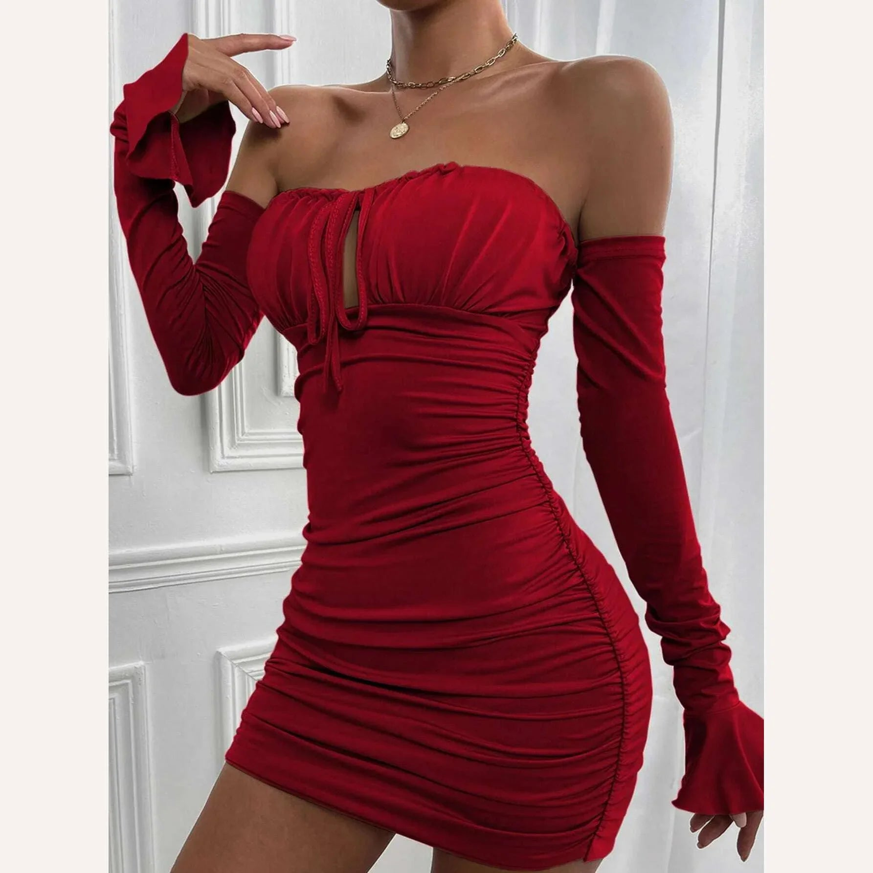 KIMLUD, Giyu Sexy Bodycon Dress Women 2023 Autumn Club Party Dresses Lace Up Off Shoulder Backless Flare Long Sleeve Ruched Mini Robe, KIMLUD Womens Clothes