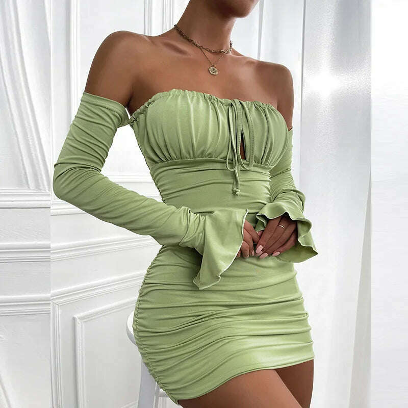 KIMLUD, Giyu Sexy Bodycon Dress Women 2023 Autumn Club Party Dresses Lace Up Off Shoulder Backless Flare Long Sleeve Ruched Mini Robe, Bean Paste Green / Xs, KIMLUD APPAREL - Womens Clothes