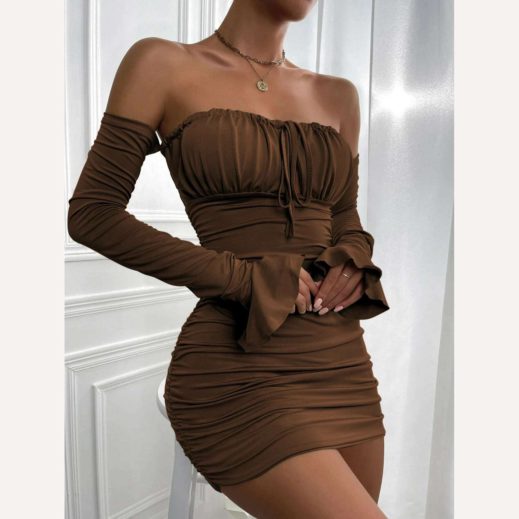 KIMLUD, Giyu Sexy Bodycon Dress Women 2023 Autumn Club Party Dresses  Lace Up Off Shoulder Backless Flare Long Sleeve Ruched Mini Robe, dark coffee / Xs, KIMLUD Womens Clothes