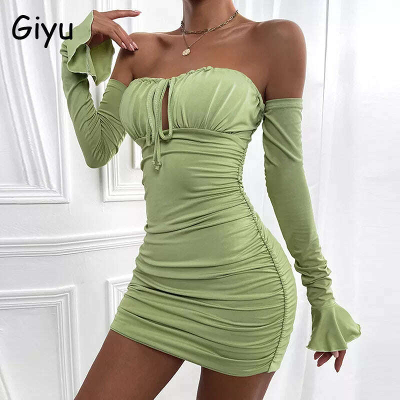 KIMLUD, Giyu Sexy Bodycon Dress Women 2023 Autumn Club Party Dresses  Lace Up Off Shoulder Backless Flare Long Sleeve Ruched Mini Robe, KIMLUD Womens Clothes