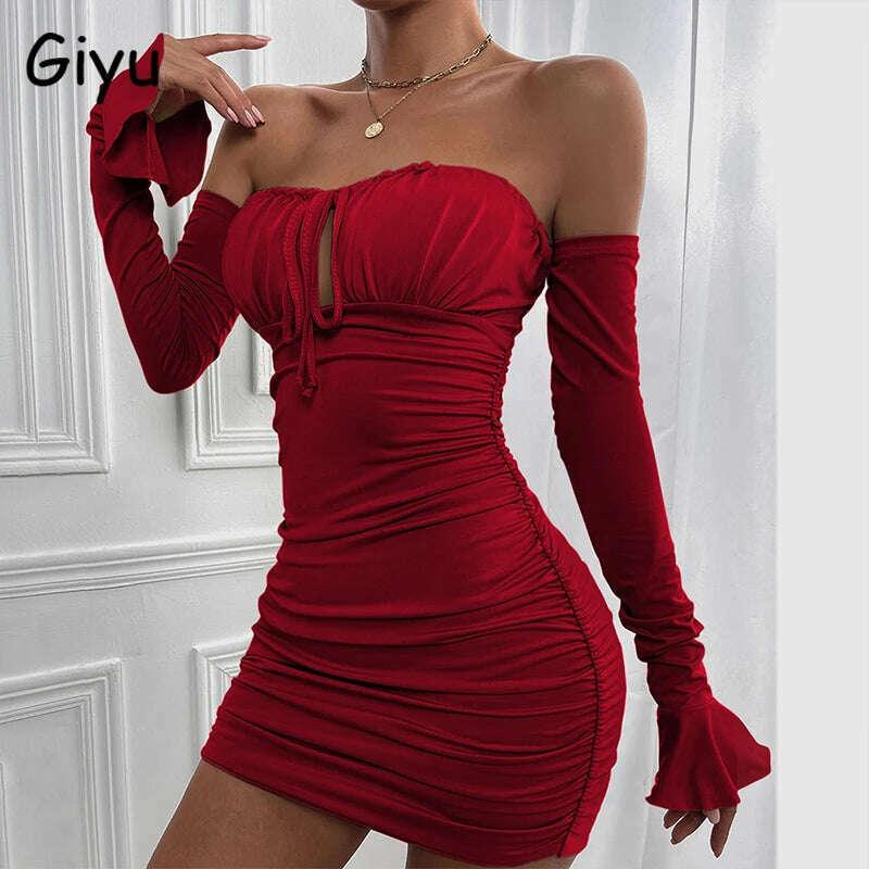 KIMLUD, Giyu Sexy Bodycon Dress Women 2023 Autumn Club Party Dresses Lace Up Off Shoulder Backless Flare Long Sleeve Ruched Mini Robe, KIMLUD Womens Clothes