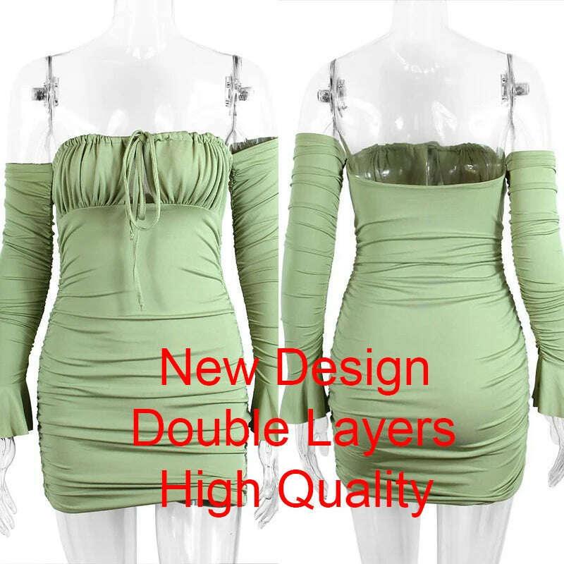 KIMLUD, Giyu Sexy Bodycon Dress Women 2023 Autumn Club Party Dresses Lace Up Off Shoulder Backless Flare Long Sleeve Ruched Mini Robe, KIMLUD Womens Clothes