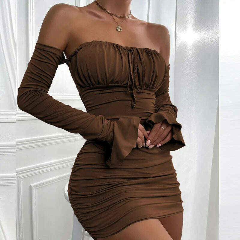 KIMLUD, Giyu Sexy Bodycon Dress Women 2023 Autumn Club Party Dresses Lace Up Off Shoulder Backless Flare Long Sleeve Ruched Mini Robe, KIMLUD Womens Clothes