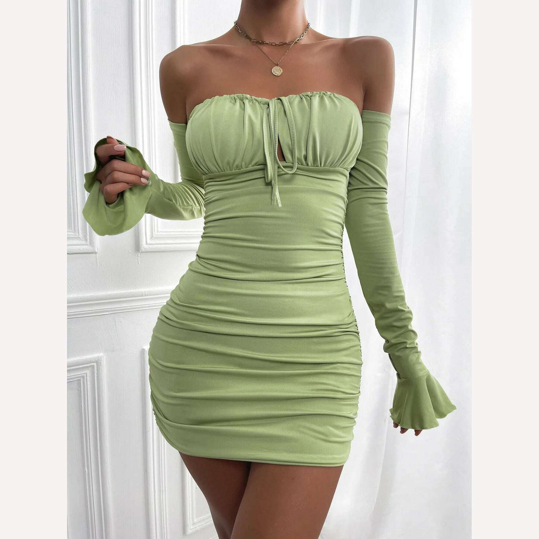 KIMLUD, Giyu Sexy Bodycon Dress Women 2023 Autumn Club Party Dresses Lace Up Off Shoulder Backless Flare Long Sleeve Ruched Mini Robe, KIMLUD Womens Clothes