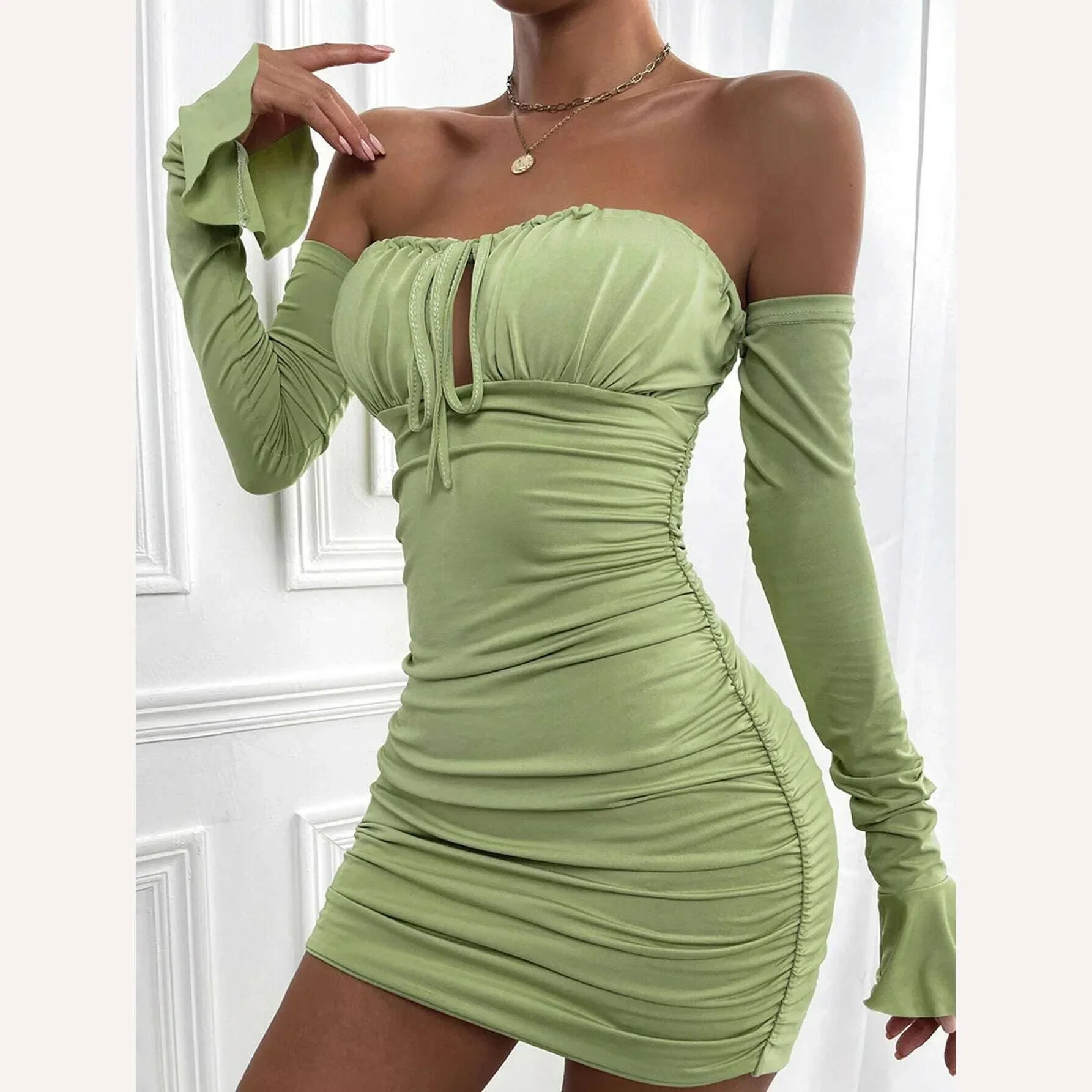 KIMLUD, Giyu Sexy Bodycon Dress Women 2023 Autumn Club Party Dresses Lace Up Off Shoulder Backless Flare Long Sleeve Ruched Mini Robe, KIMLUD Womens Clothes