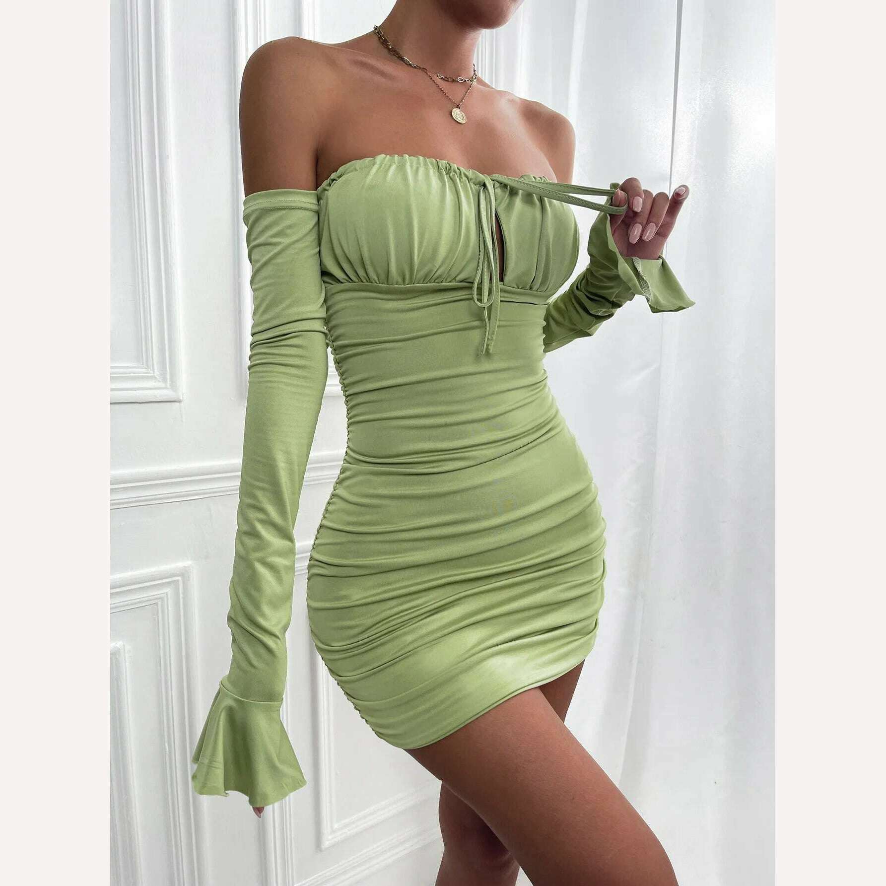 KIMLUD, Giyu Sexy Bodycon Dress Women 2023 Autumn Club Party Dresses Lace Up Off Shoulder Backless Flare Long Sleeve Ruched Mini Robe, KIMLUD Womens Clothes