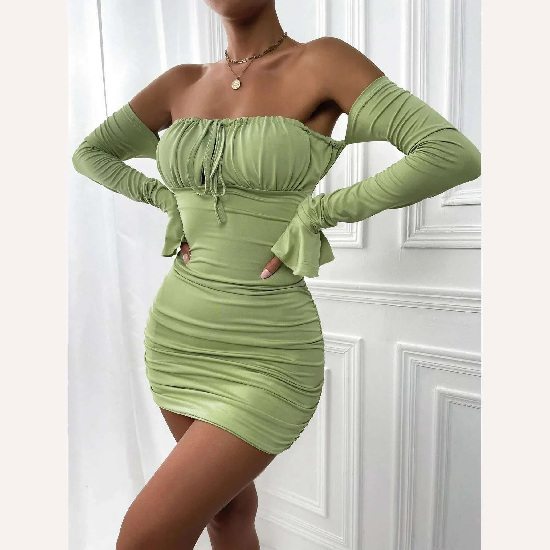 KIMLUD, Giyu Sexy Bodycon Dress Women 2023 Autumn Club Party Dresses Lace Up Off Shoulder Backless Flare Long Sleeve Ruched Mini Robe, KIMLUD Womens Clothes