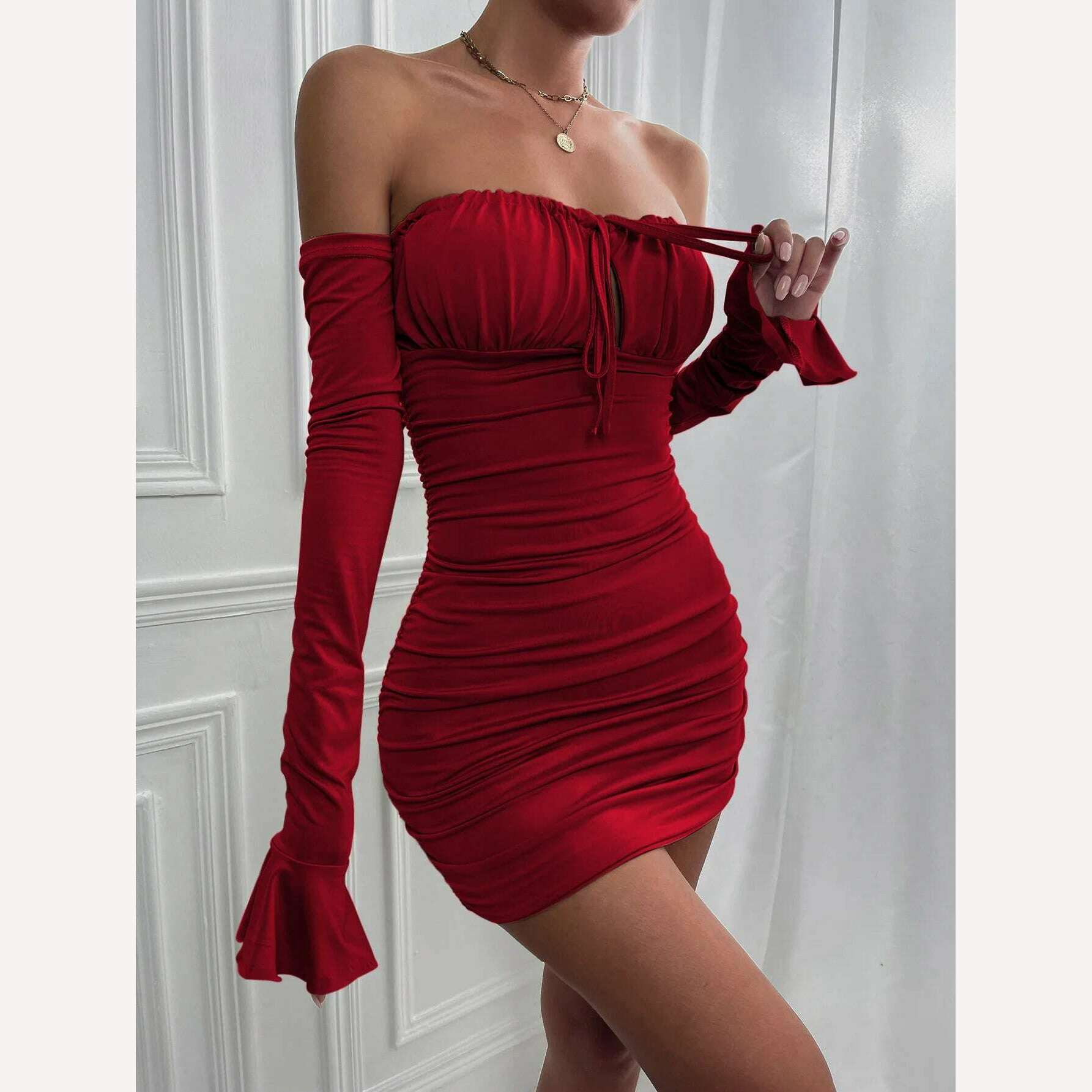 KIMLUD, Giyu Sexy Bodycon Dress Women 2023 Autumn Club Party Dresses  Lace Up Off Shoulder Backless Flare Long Sleeve Ruched Mini Robe, KIMLUD Womens Clothes