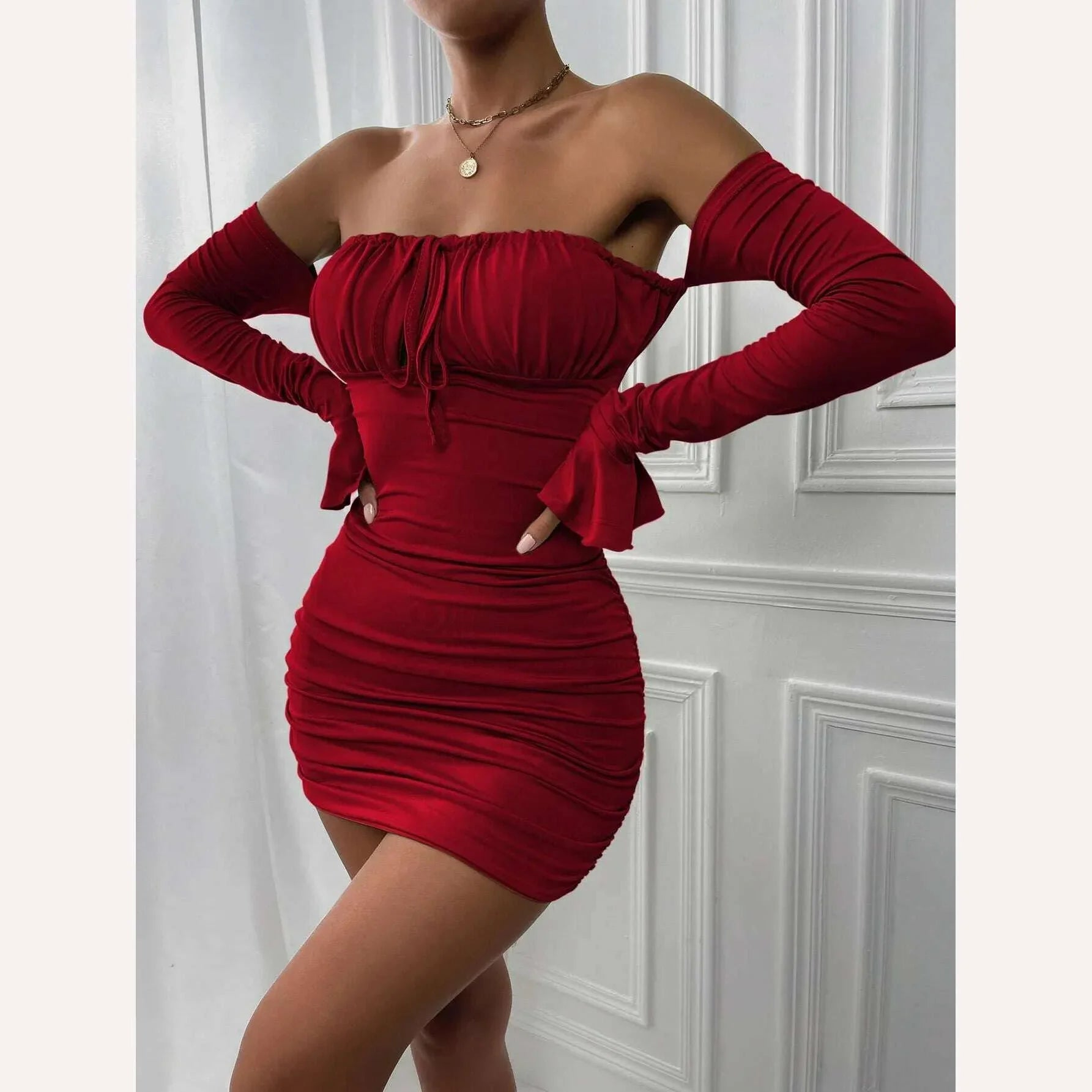 KIMLUD, Giyu Sexy Bodycon Dress Women 2023 Autumn Club Party Dresses Lace Up Off Shoulder Backless Flare Long Sleeve Ruched Mini Robe, KIMLUD Womens Clothes