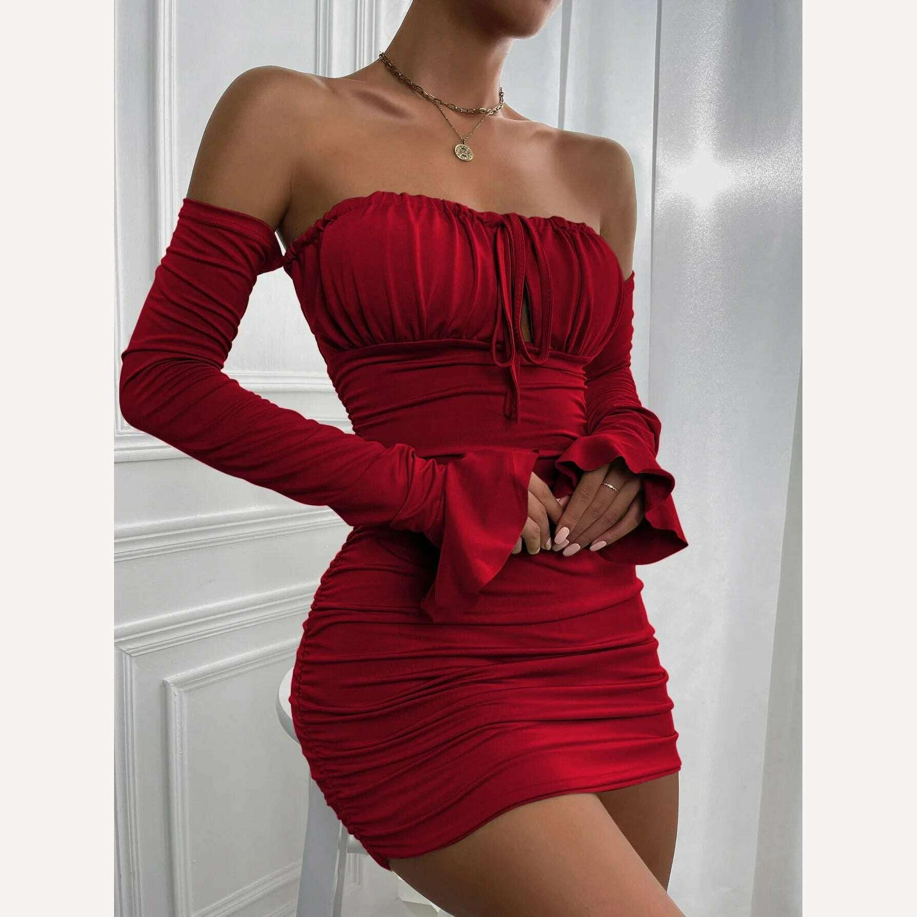 KIMLUD, Giyu Sexy Bodycon Dress Women 2023 Autumn Club Party Dresses Lace Up Off Shoulder Backless Flare Long Sleeve Ruched Mini Robe, KIMLUD Womens Clothes