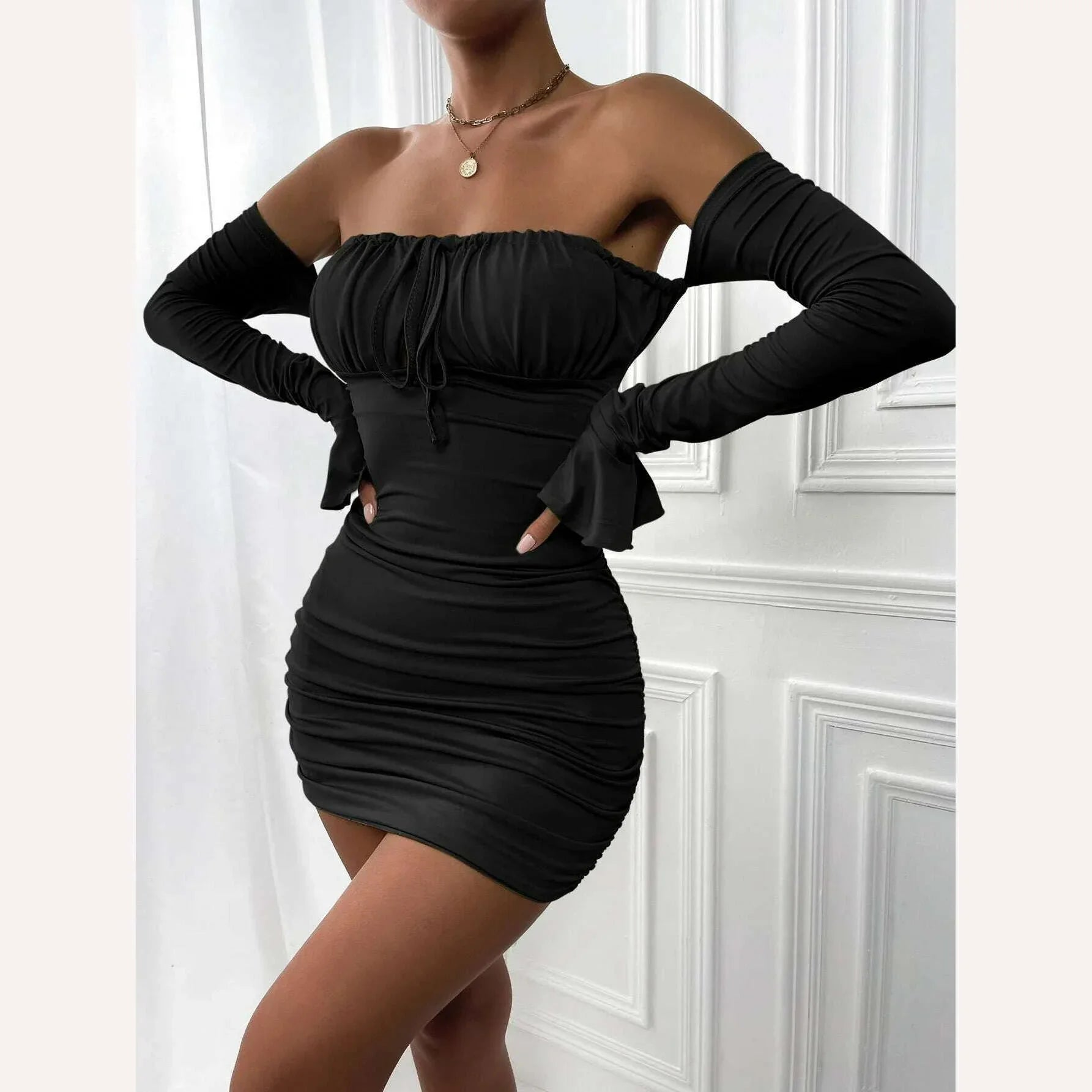 KIMLUD, Giyu Sexy Bodycon Dress Women 2023 Autumn Club Party Dresses Lace Up Off Shoulder Backless Flare Long Sleeve Ruched Mini Robe, KIMLUD Womens Clothes