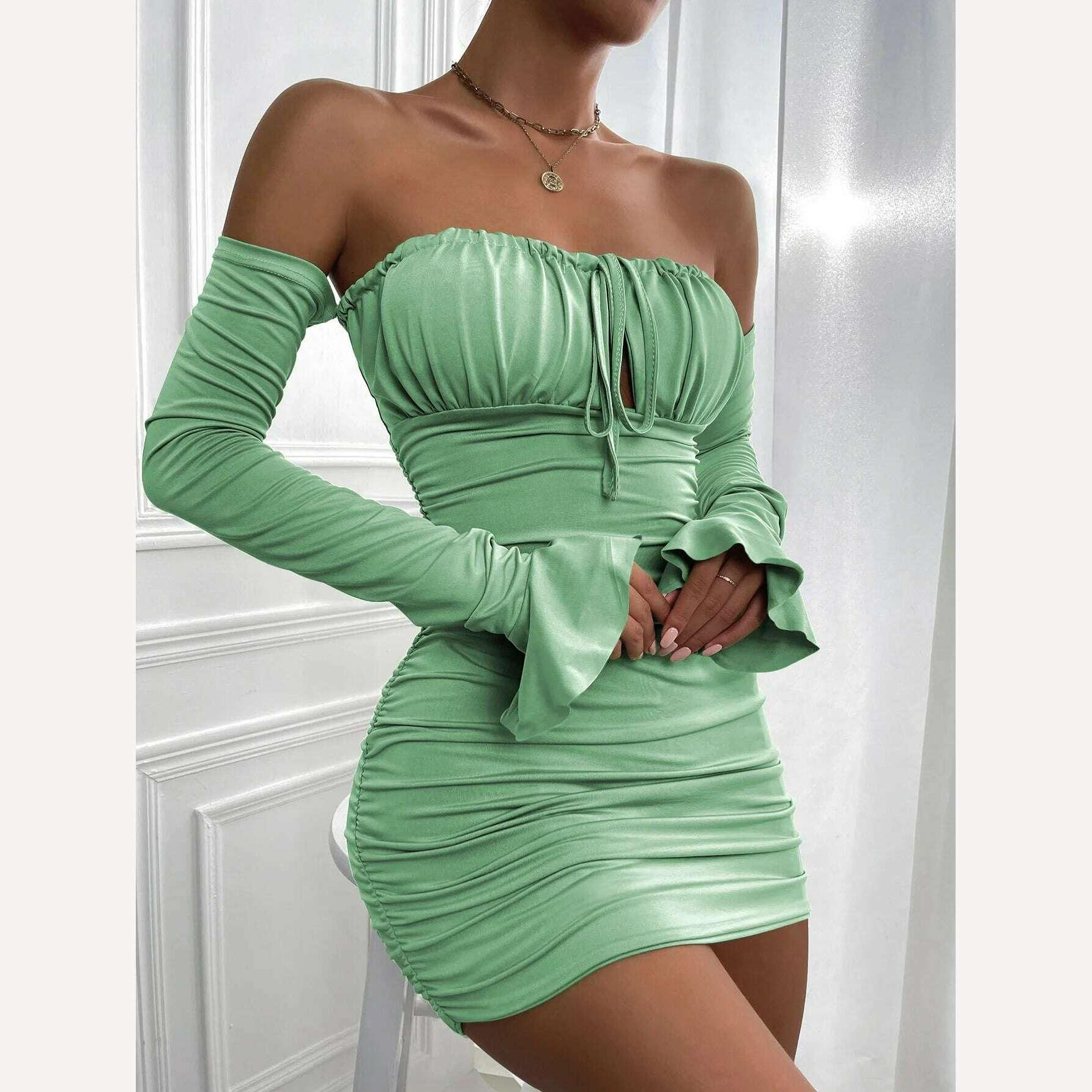 KIMLUD, Giyu Sexy Bodycon Dress Women 2023 Autumn Club Party Dresses Lace Up Off Shoulder Backless Flare Long Sleeve Ruched Mini Robe, KIMLUD Womens Clothes