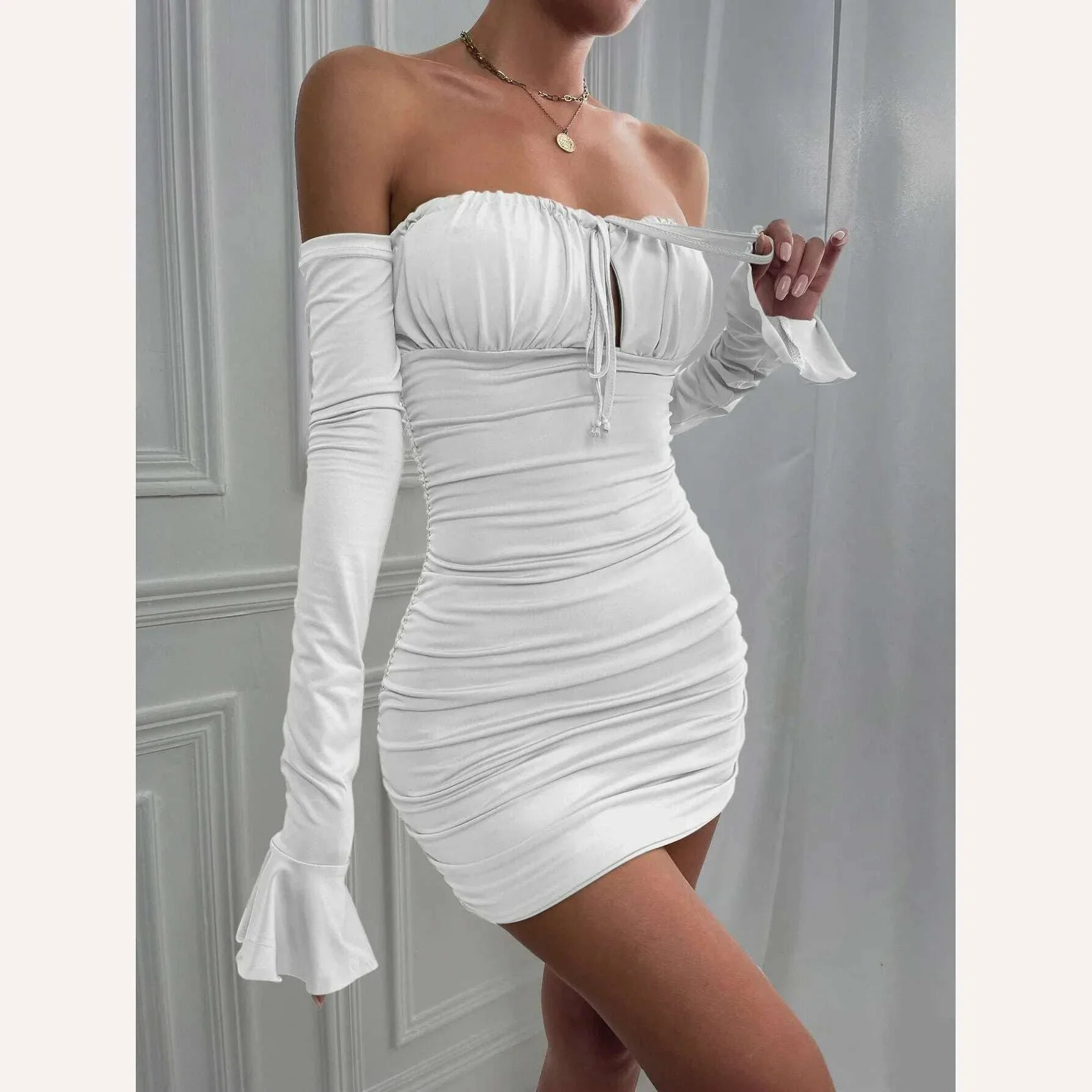 KIMLUD, Giyu Sexy Bodycon Dress Women 2023 Autumn Club Party Dresses Lace Up Off Shoulder Backless Flare Long Sleeve Ruched Mini Robe, KIMLUD Womens Clothes