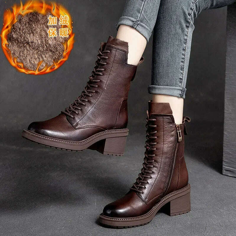 GKTINOO 2022 Cow Leather Quality Women Shoes Autumn Winter Square Med Heel Ankle Boots Lace Up Zipper Ladies Pumps Size 35-40 - KIMLUD
