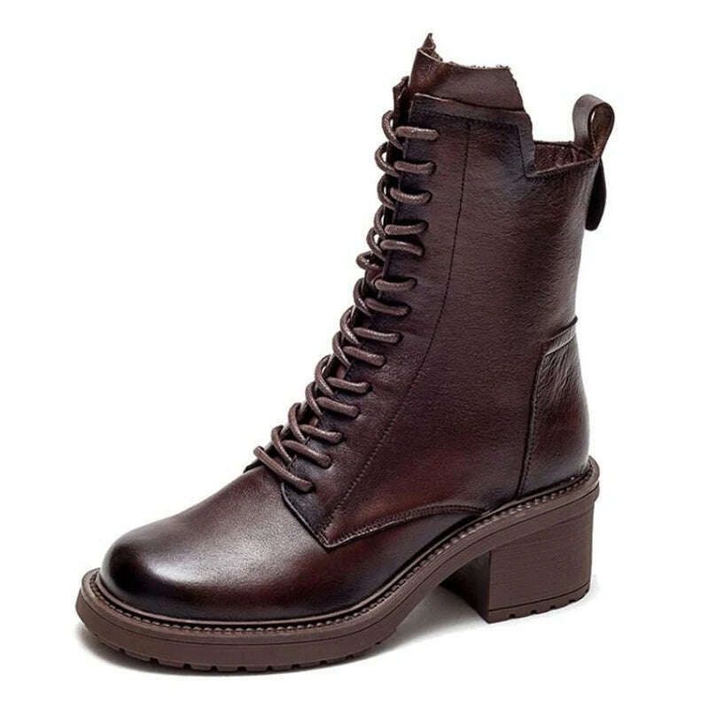 GKTINOO 2022 Cow Leather Quality Women Shoes Autumn Winter Square Med Heel Ankle Boots Lace Up Zipper Ladies Pumps Size 35-40 - KIMLUD
