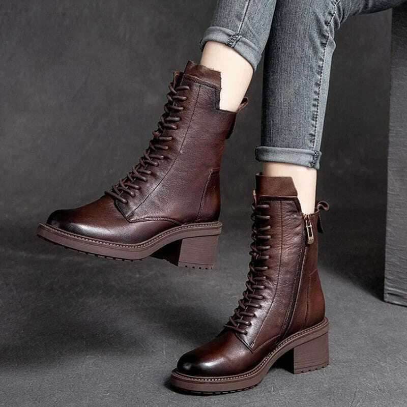 GKTINOO 2022 Cow Leather Quality Women Shoes Autumn Winter Square Med Heel Ankle Boots Lace Up Zipper Ladies Pumps Size 35-40 - KIMLUD