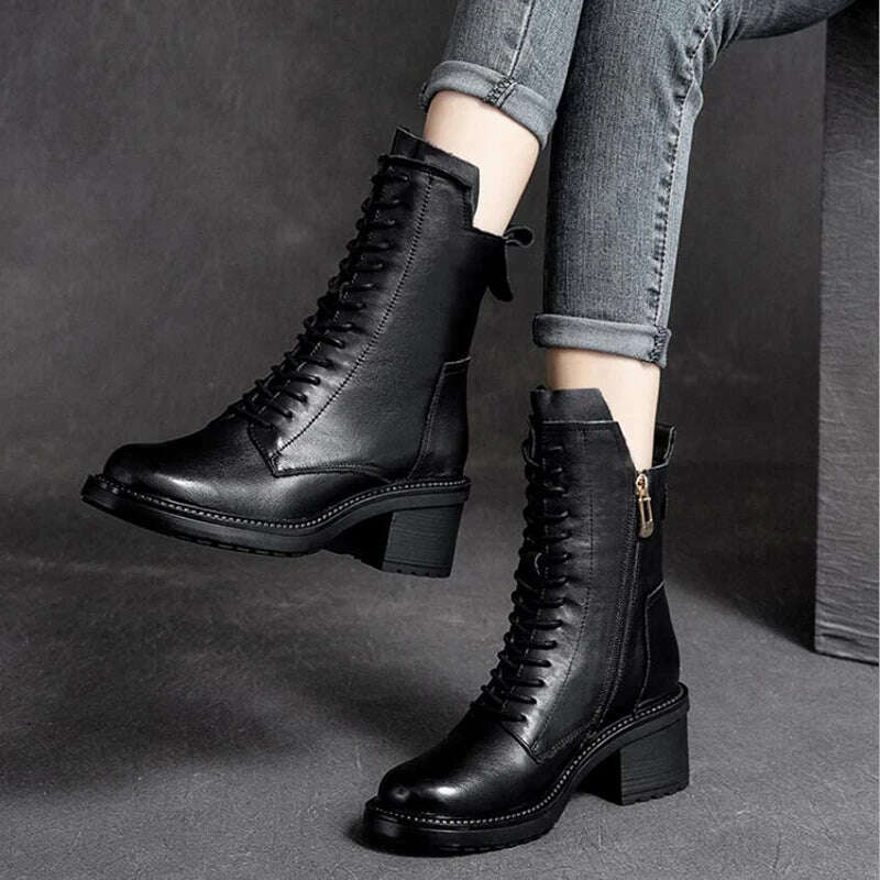 GKTINOO 2022 Cow Leather Quality Women Shoes Autumn Winter Square Med Heel Ankle Boots Lace Up Zipper Ladies Pumps Size 35-40 - KIMLUD