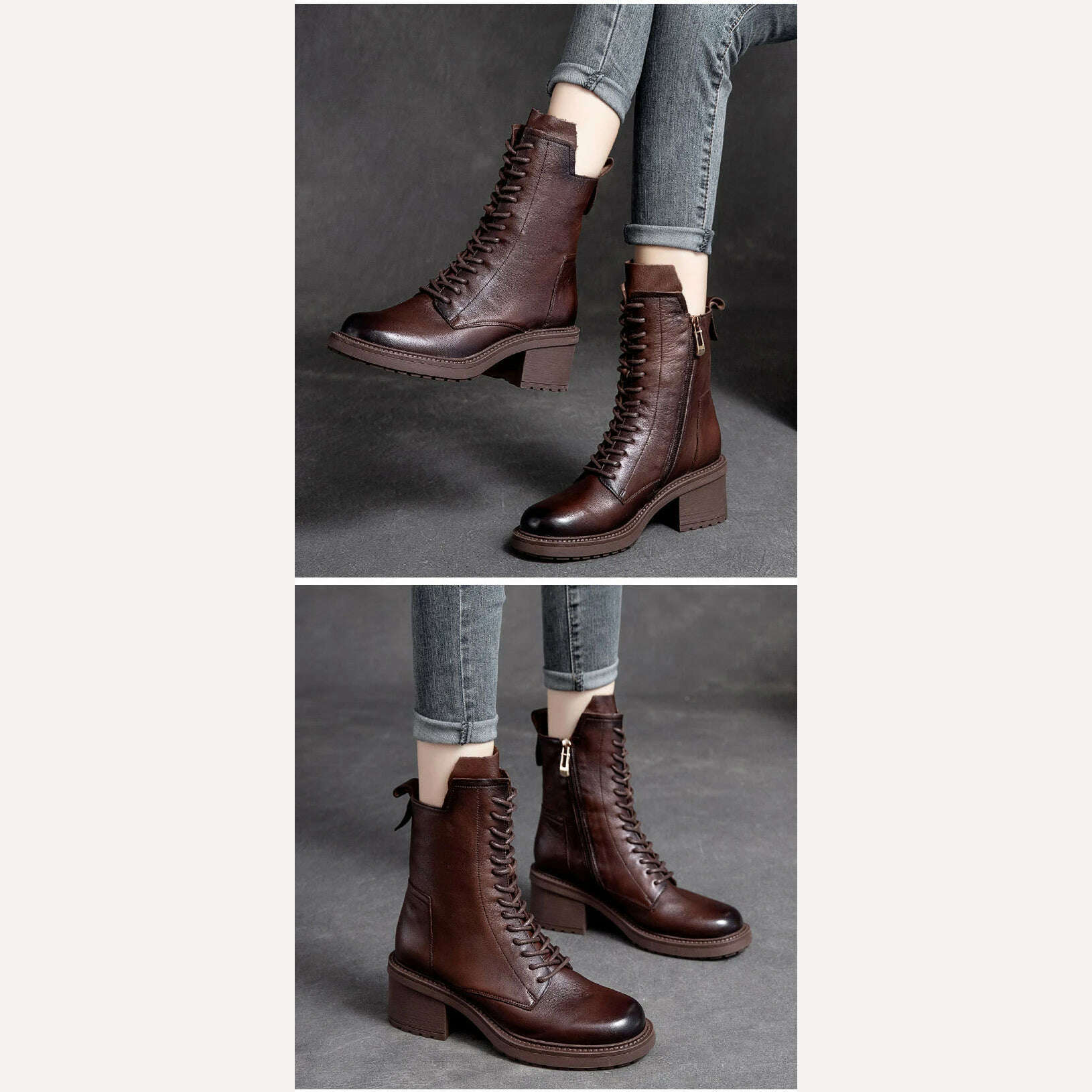 GKTINOO 2022 Cow Leather Quality Women Shoes Autumn Winter Square Med Heel Ankle Boots Lace Up Zipper Ladies Pumps Size 35-40 - KIMLUD