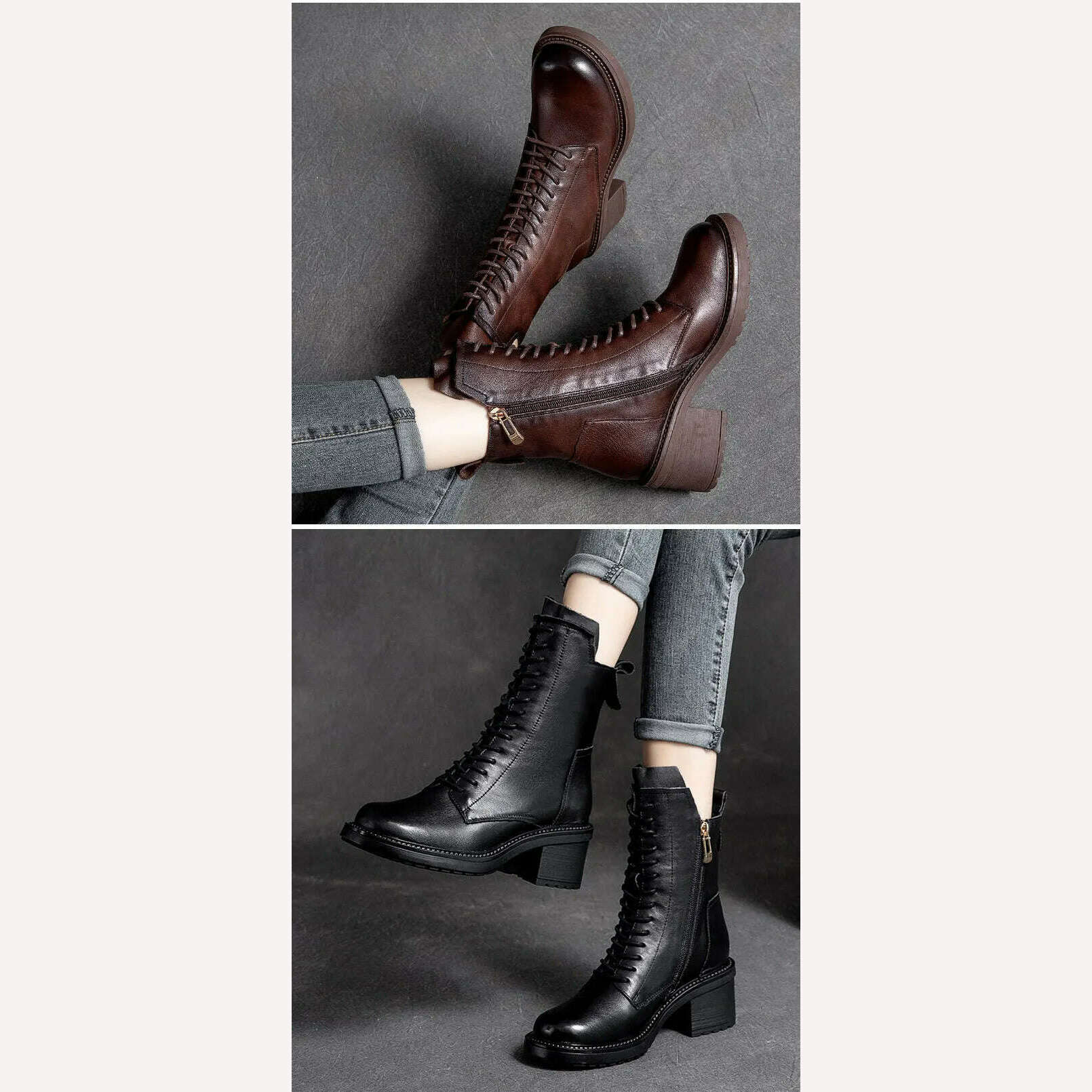 GKTINOO 2022 Cow Leather Quality Women Shoes Autumn Winter Square Med Heel Ankle Boots Lace Up Zipper Ladies Pumps Size 35-40 - KIMLUD