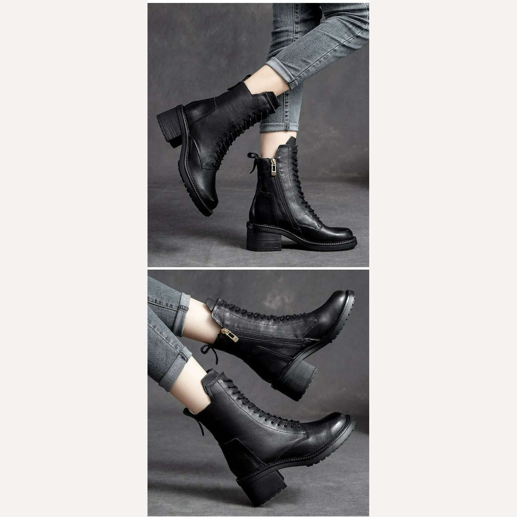 GKTINOO 2022 Cow Leather Quality Women Shoes Autumn Winter Square Med Heel Ankle Boots Lace Up Zipper Ladies Pumps Size 35-40 - KIMLUD