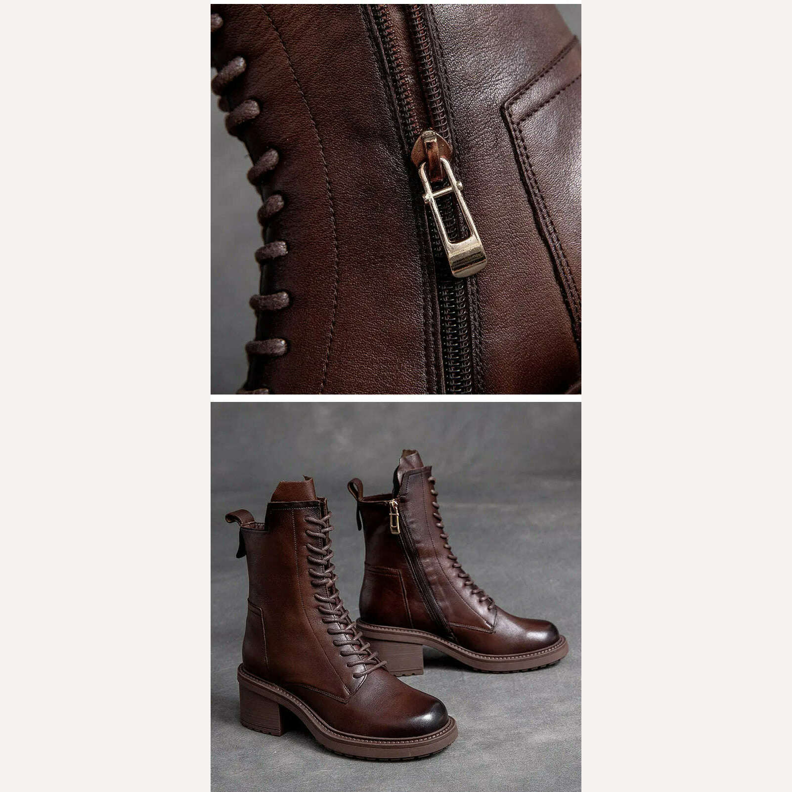 GKTINOO 2022 Cow Leather Quality Women Shoes Autumn Winter Square Med Heel Ankle Boots Lace Up Zipper Ladies Pumps Size 35-40 - KIMLUD