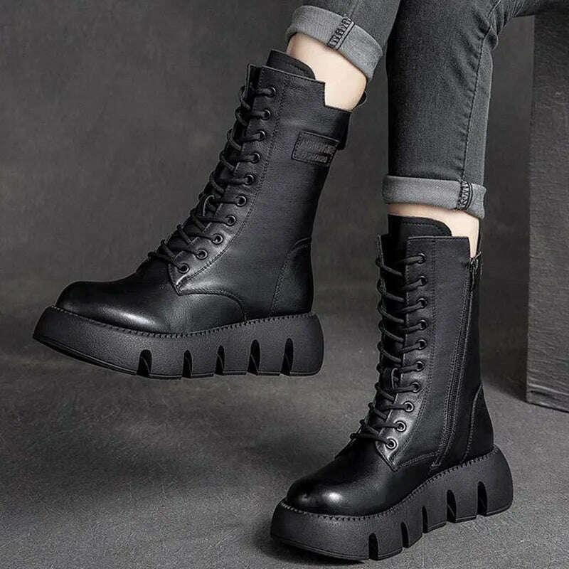 KIMLUD, GKTINOO 2023 Vintage Style Genuine Leather Women Boots Flat Booties Soft Cowhide Women's Shoes Zip Ankle Boots zapatos mujer, KIMLUD Womens Clothes