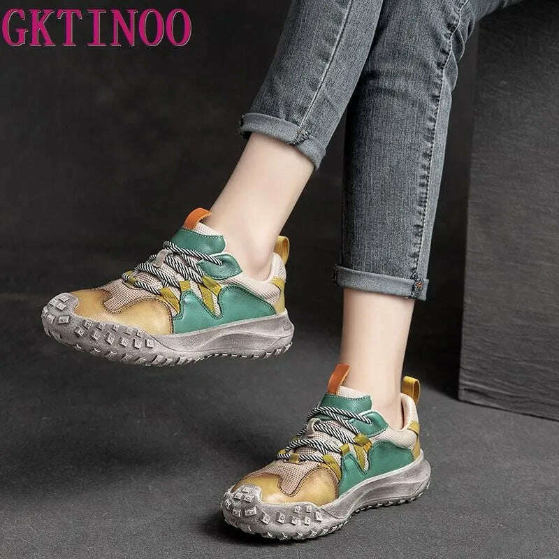 KIMLUD, GKTINOO Lace-up Shoes Women Sneakers Genuine Leather Mixed Colors 2023 New Handmade Comfortable Retro Platform Sneakers, KIMLUD Womens Clothes