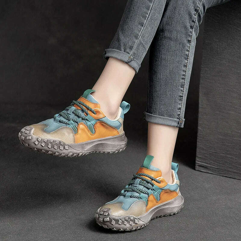 KIMLUD, GKTINOO Lace-up Shoes Women Sneakers Genuine Leather Mixed Colors 2023 New Handmade Comfortable Retro Platform Sneakers, KIMLUD Womens Clothes