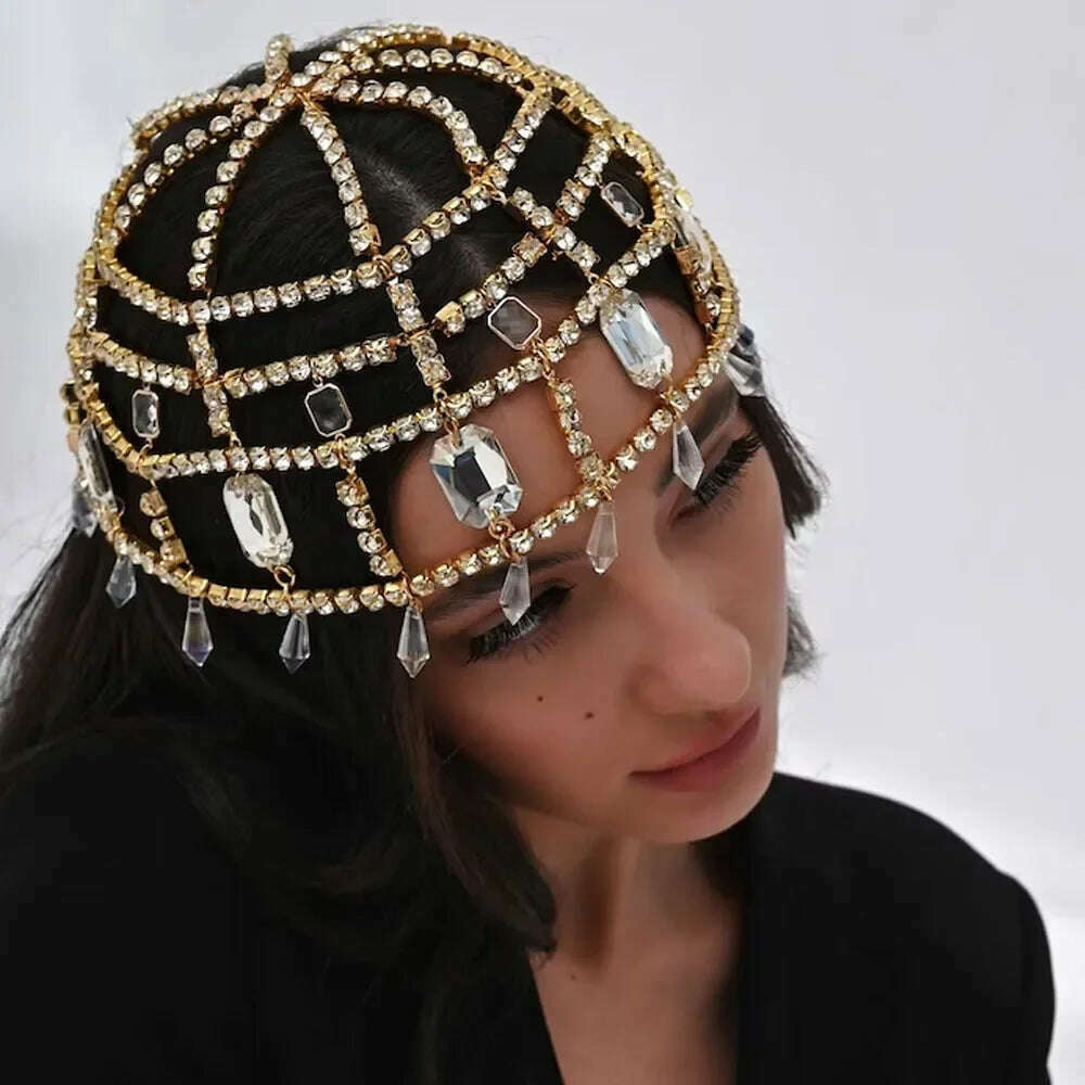Glam Fringe Crystal Hat Cap Luxury Hair Accessories Tiara Bride Wedding Pendant Hair Chain Jewelry Headpiece Rhinestone Decor - KIMLUD