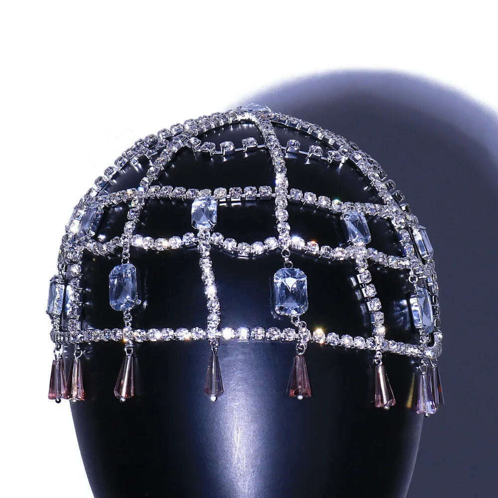 Glam Fringe Crystal Hat Cap Luxury Hair Accessories Tiara Bride Wedding Pendant Hair Chain Jewelry Headpiece Rhinestone Decor - KIMLUD