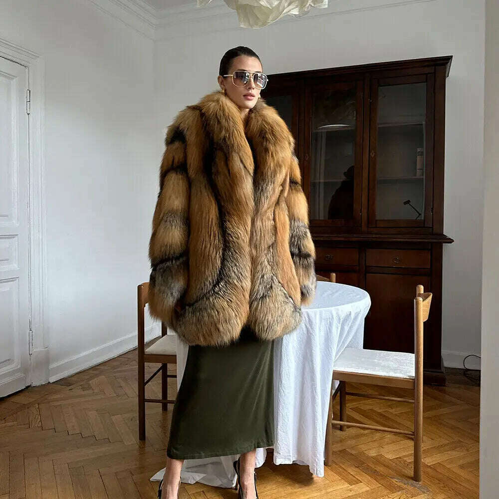 KIMLUD, Glamorous Women's Real Red Fox Fur Lapel Coat Winter Luxury Genuine Fox Fur Jacket Female Elegant Natural Fur Thick Overcoat, KIMLUD Womens Clothes