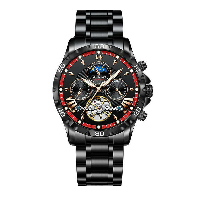 KIMLUD, GLENAW Design Mens Watches Top Brand Luxury Fashion Business Automatic Watch Men's Waterproof Mechanical Watch Montre Homme, S black red, KIMLUD Womens Clothes