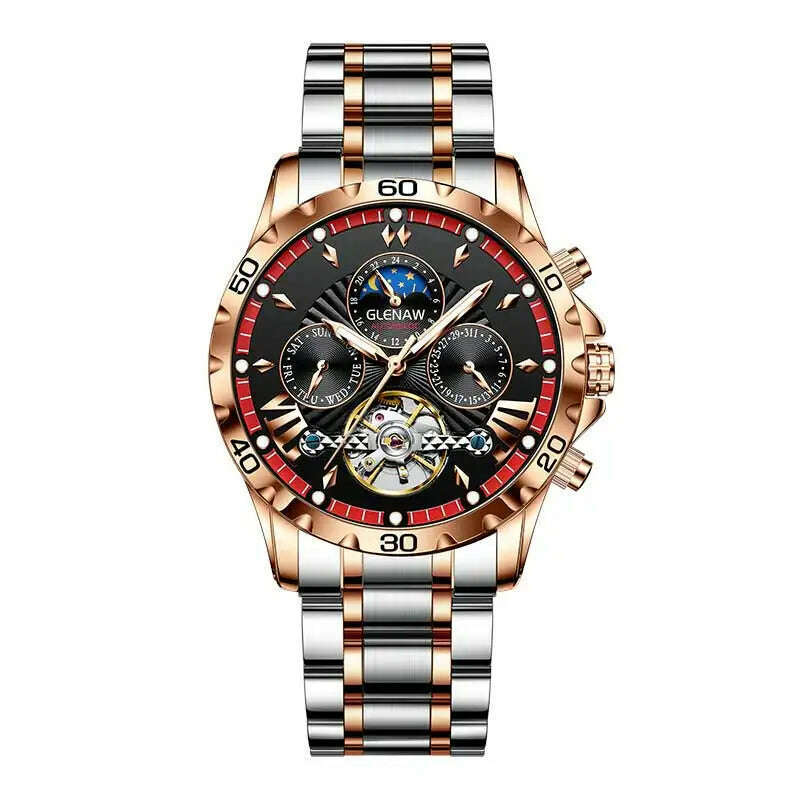 KIMLUD, GLENAW Design Mens Watches Top Brand Luxury Fashion Business Automatic Watch Men's Waterproof Mechanical Watch Montre Homme, S gold red, KIMLUD Womens Clothes