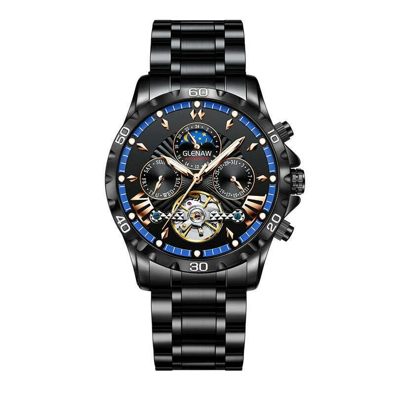 KIMLUD, GLENAW Design Mens Watches Top Brand Luxury Fashion Business Automatic Watch Men's Waterproof Mechanical Watch Montre Homme, S black blue, KIMLUD Womens Clothes